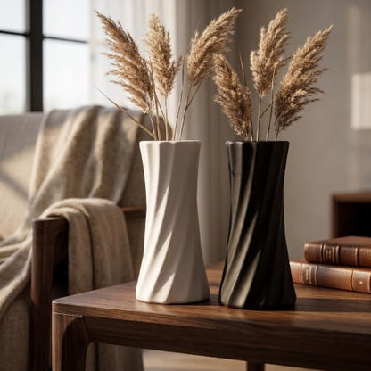 Small Ceramic Vase Set of 2-4.6 Inch Matte Black and White Modern Bud Vases for Flowers, Tiny Geometric Sculptural Object for Shelf Decor, Bookcase, Countertop, Minimalist Home Decor Accents
