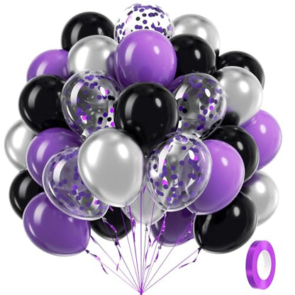 60pcs Purple and Black Balloons 12inch with Silver Confetti Balloons - color: Purple Black Silver