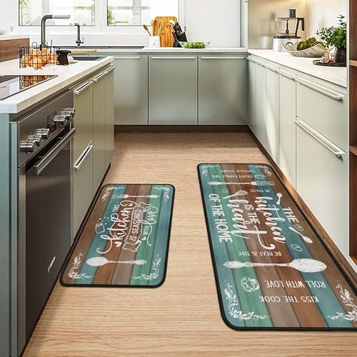 Farmhouse Kitchen Rugs Set of 2, Rustic Wooden Plank Kitchen Quote Floor Mats,Absorbent Non Slip Spoon Fork Utensil Kitchen Runner Rug for Sink Laundry Room Decor,17"x30"+17"x47" - color: Wood