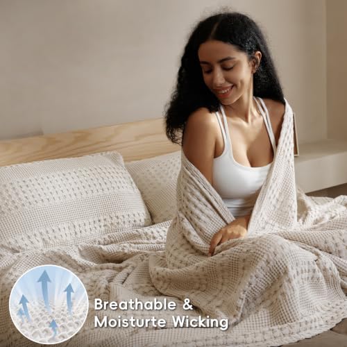 PHF Lightweight 100% Cotton Waffle Throw Blanket for Couch, Light Taupe - color: 01 Light Taupe/Oatmeal, size: Throw(50"x60")