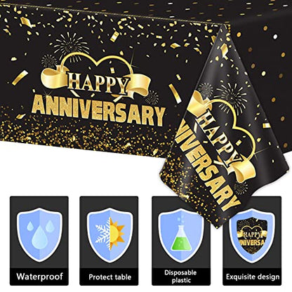 Tevxj 3 Pack Happy Anniversary Tablecloth Disposable Anniversary Party Decorations Black Gold Dot Confetti Table Covers Party Supplies for Rectangle Tables Favors for Guests 54 x 108 Inch - style: Happy Anniversary