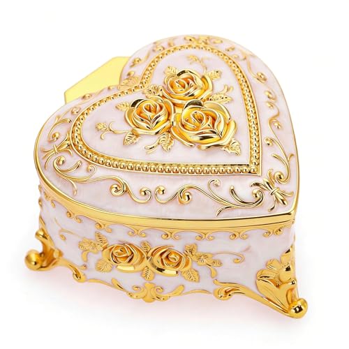 Feyarl Vintage Heart Shaped Jewelry Box White Gold Rose Trinket Box with Velvet Lining Small Ring Earrings Box Case Keepsake Storage Decorative Organizer Box for Women Girls Gift