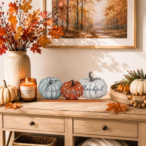 Smile Pumpkin Tiered Tray Sign Blessed Grateful Thankful Thanksgiving Wood - style: Thankful