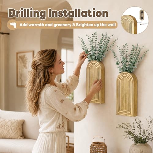 Wooden Wall Vase with 20 Eucalyptus, 2 Mount Options, Brown, 2 Pcs - color: Natural