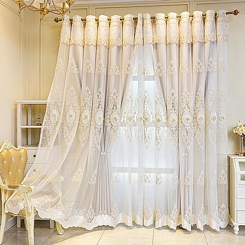 Amidoudou 1 Pair European Double Layer Curtains with Valance for Living Room Bedroom Luxury 3D Flower Embroidered Curtains (Beige,51x96 Inch) - color: Beige, size: 51"W x 96"L (Pack of 2)