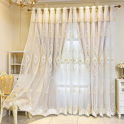 Amidoudou 1 Pair European Double Layer Curtains with Valance for Living Room Bedroom Luxury 3D Flower Embroidered Curtains (Beige,51x90 Inch) - color: Beige, size: 51"W x 90"L (Pack of 2)