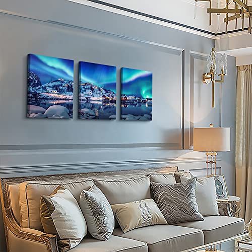 Aurora Landscape Canvas Wall Art - 3 Piece Stretched & Framed Wall Paintings Ready To Hang For Living Room, Bedroom & Office - color: Wall Art Aurora Landscape Paintings, size: 16L" x 12W"