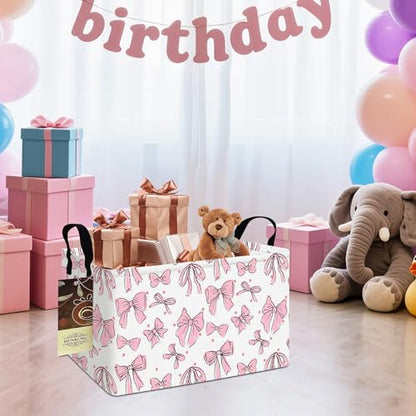 Rectangle Foldable Storage Basket Handles For Home, Pink Bow - color: REC-Pink Bow