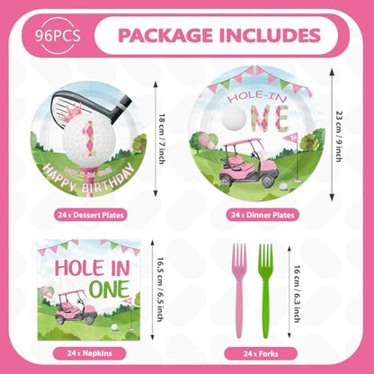 96 Pcs Pink Golf First Birthday Party Decorations, Serves 24 - style: Pink Hole In One Kits