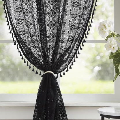 Black Boho Sheer Lace Window Curtains with Tassel, 40" Wx72 Lx2 - color: Black, size: 40"W x 72"L (Pack of 2)
