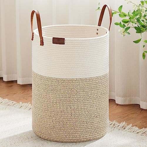 VIPOSCO 100L Tall Woven Rope Laundry Hamper, Leather Handles, White & Brown - color: Brown, size: 100L