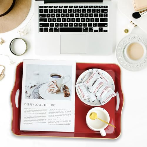 Spsyrine Large Red Decorative Tray, Elegant Plastic Serving Tray with Handles, Coffee Table Tray for Ottoman, Living Room, Home Decor 17.3"*11.8"*2" - color: Red
