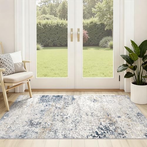 DMOYEST 3x5 Entryway Area Rug Washable Abstract Beige Blue Small Carpet - color: Beige Blue, size: 3' x 5' (Rectangular)