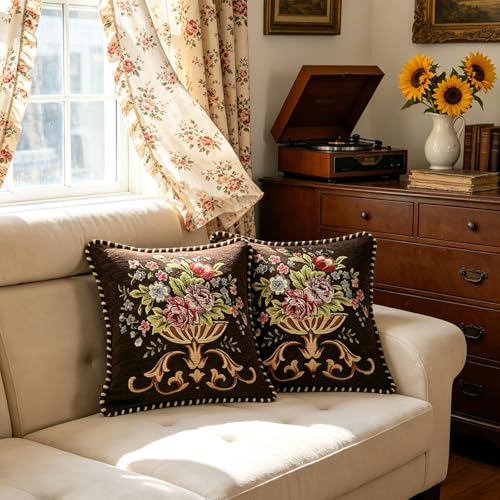 Set of 2 Brown Vintage Embroidered Throw Pillow Covers 18x18in,Floral Cushion Cover for Sofa Couch Bedroom,Coffee Pillow Covers - color: Coffee