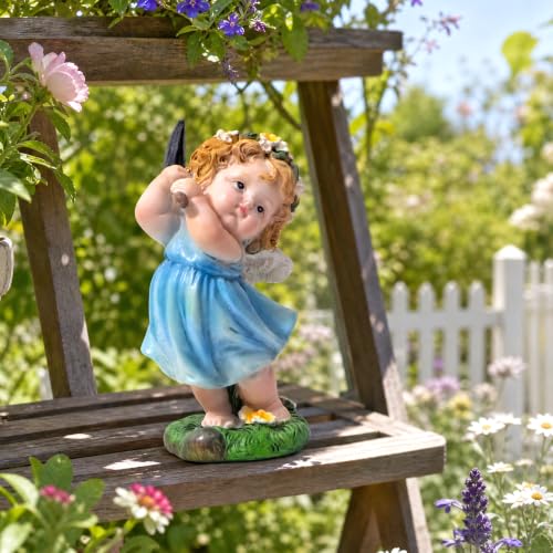 XJar Garden Fairy Figurine, Hand Painted Resin Yard Decor Statue - color: Flower Fairy Gardener-blue
