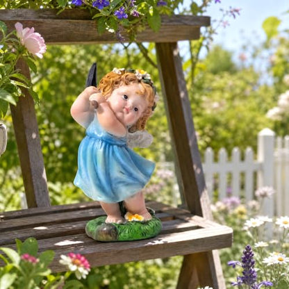 XJar Garden Fairy Figurine, Hand Painted Resin Yard Decor Statue - color: Flower Fairy Gardener-blue