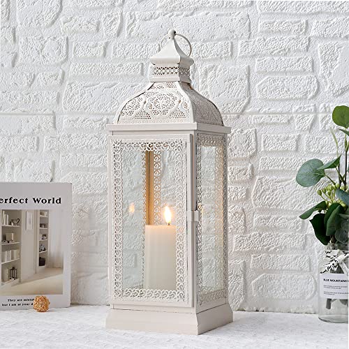 TRIROCKS Rustic Style Metal Candle Lantern 19'' High Decorative Hanging Lantern Candle Holder with Tempered Glass for Christmas Living Room Garden Yard Patio Parties Events Indoors Outdoors(Cream) - color: Cream, size: 19''H