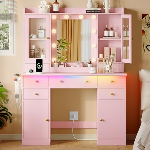 Xixini 44" Vanity Desk with Mirror & Lights, Glass Storage Cabinets, Pink - color: Pink