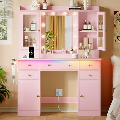 Xixini 44" Vanity Desk with Mirror & Lights, Glass Storage Cabinets, Pink - color: Pink