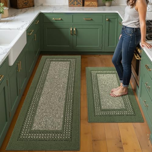 hicorfe Kitchen Runner Rugs,Set of 2 Non Slip Kitchen Mats for Floor - color: Green, size: 20"x48"+20"x32"