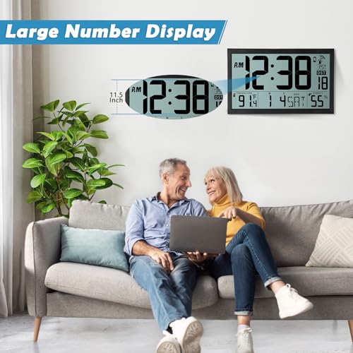 SZELAM Atomic Clock,16.7" Large Display Digital Wall Clock Battery Operated,Digital Calendar Auto Setting Desk Clocks with Indoor Temperature, Humidity,Date,Day,Auto DST for Elderly Bedroom Classroom - color: 16.7" Atomic