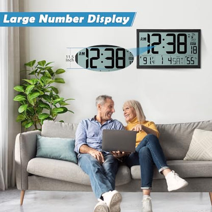 SZELAM Atomic Clock,16.7" Large Display Digital Wall Clock Battery Operated,Digital Calendar Auto Setting Desk Clocks with Indoor Temperature, Humidity,Date,Day,Auto DST for Elderly Bedroom Classroom - color: 16.7" Atomic