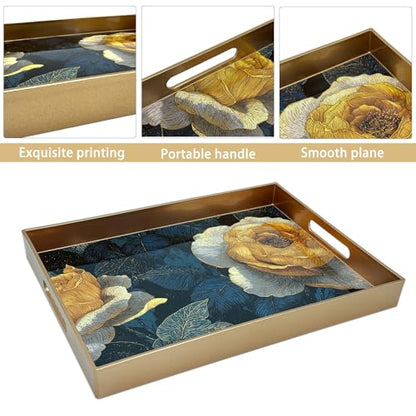 Serving Tray with Handles, 15.7 * 11.8 inches, Plastic Ottoman Tray with Exquisite Paintings, Trays for Coffee Table - color: Golden Rose Night