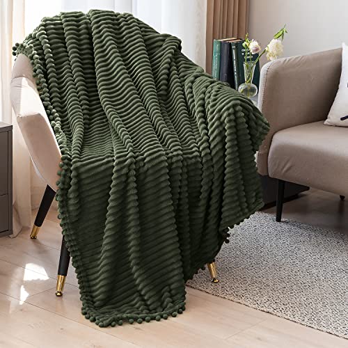 DISSA Fleece Blanket Throw Size – 51x63, Olive Green – Soft, Plush, Fluffy, Fuzzy, Warm, Cozy – Perfect Throw for Couch, Bed, Sofa - with Pompom Fringe - Flannel Blanket Throw Blanket - color: Olive Green, size: 51x63"