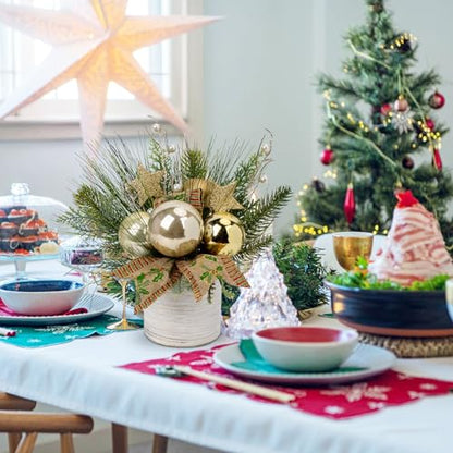 Hollyone Small Christmas Table Centerpiece 10' Artificial Mini Tabletop Christmas Potted Plant with Gold Ball Ornaments for Home Office Arrangement Centerpieces Indoor - color: Style 3