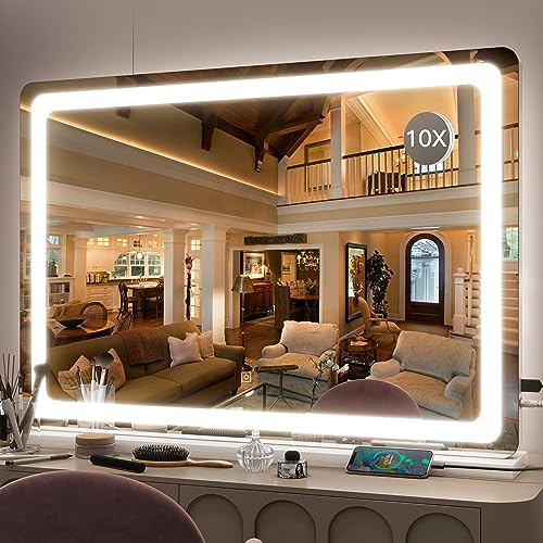 FENNIO Vanity Mirror with Lights 32"x22", Lighted Makeup Mirror, Large Vanity Mirror with Lights, Touch Sensor with 3-Color Lighting, USB Charging Port for Vanity Desk Tabletop - color: White, size: 32"L x 22"W