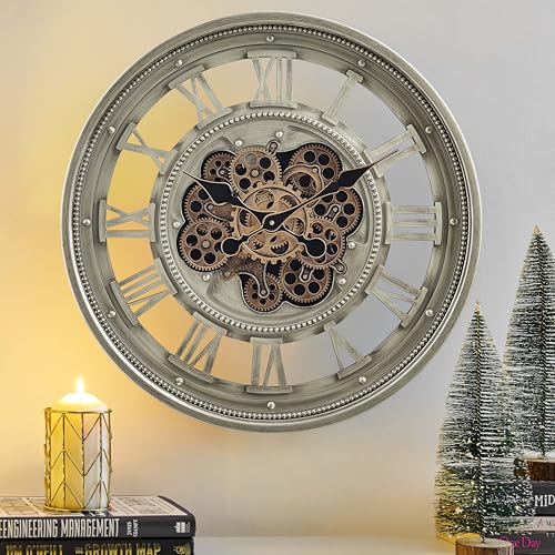 CLXEAST 24" Moving Gear Wall Clock for Living Room, Antique Champagne | Metal Case, Tempered Glass Lens, SIilent Non Ticking, Industrial Farmhouse Wall Clock for Dinning Room & Home Office - color: 24" Antique Champagne
