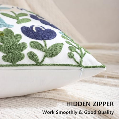 Embroidered Throw Pillow Covers 18x18 inch Pack of 2 Navy Blue Birds - color: Green Leaves With Birds