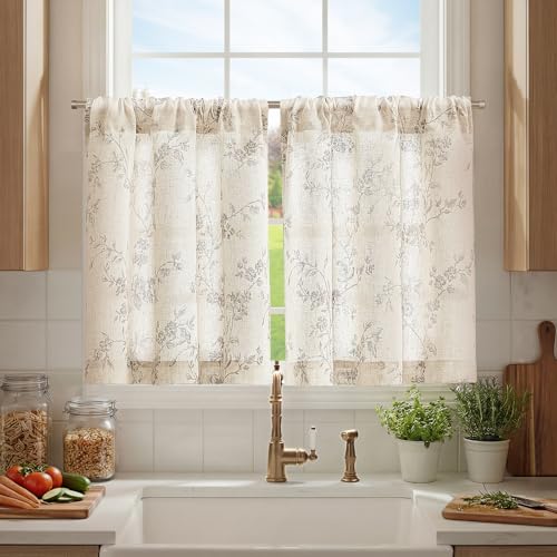jinchan Floral Linen Kitchen Tier Curtains, 30 Inch, 2 Panels, Gray - color: Alisa Gray, size: 26"W x 30"L (Pack of 2)