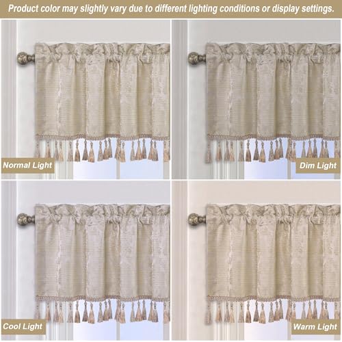 Loom and Mill Luxury Jacquard Valances for Windows, Light Taupe, 54"x18" - color: Light Taupe+gold