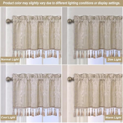 Loom and Mill Luxury Jacquard Valances for Windows, Light Taupe, 54"x18" - color: Light Taupe+gold