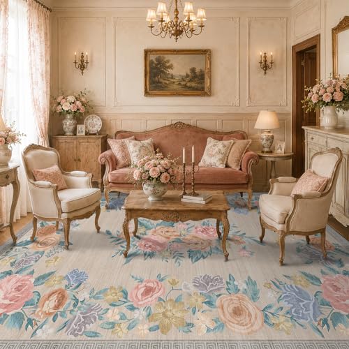 Beige Vintage Floral Area Rug 8x10, Washable Non Slip Soft Low Pile Living Room Rug, Rose Border Botanical Large Indoor Floor Carpet for Bedroom Dining Room Office, Cottagecore Stain Resistant Mat - color: Warm Beige, size: 8' x 10' (Rectangular)