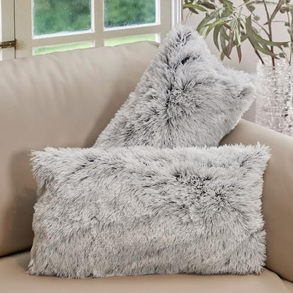 Cheer Collection Throw Pillows for Couch and Bed, Soft Shaggy Throw Pillows with Inserts Included, Cozy Long Hair Faux Fur Pillows - Set of 2-12" x 20" - Gray - color: Gray Ombre, size: 12" x 20"