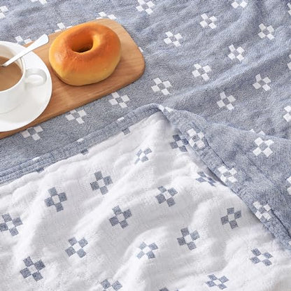jinchan 100% Cotton Muslin Blanket Twin Boho Throw Blanket 50x60 Denim Blue - color: B. Cross Blue, size: 50"x60"