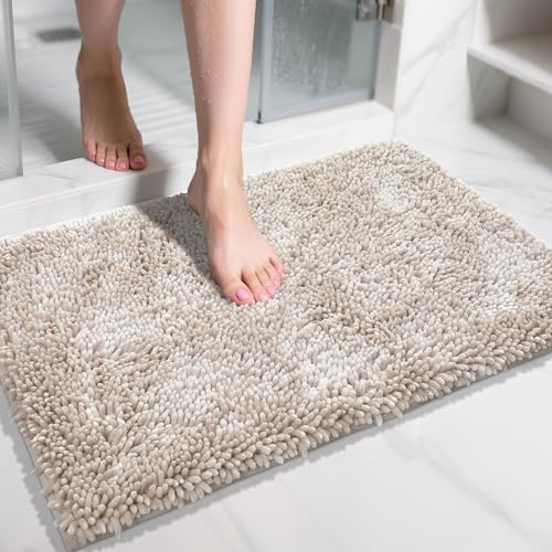Yimobra Chenille Bathroom Rugs Non Slip, Extra Thick Soft Absorbent Bath Rug 31.5x20 Inch, Machine Washable Quick Dry Bath Mat for Bathroom Floor, Tub and Shower, Home Decor Accessories, Khaki - color: Khaki, size: 31.5" X 20"