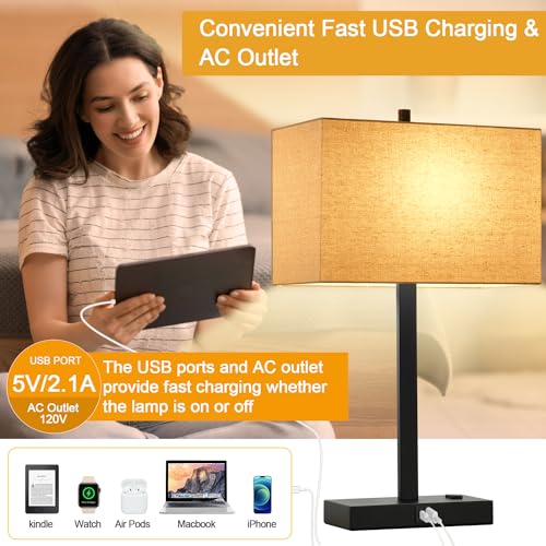 21" Touch Bedside lamps with 2 USB & AC Outlets, 3-Way Dimmable Bedside Table Lamps Set of 2 for Bedroom Living Room Office Reading, Beige Linen Shade Lamps for Night Stands, 2700K LED Bulbs Included - color: Beige Linen & Matte Black