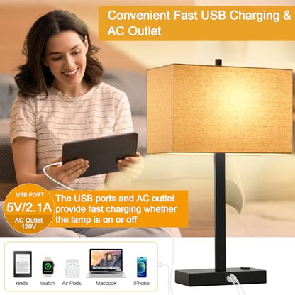 21" Touch Bedside lamps with 2 USB & AC Outlets, 3-Way Dimmable Bedside Table Lamps Set of 2 for Bedroom Living Room Office Reading, Beige Linen Shade Lamps for Night Stands, 2700K LED Bulbs Included - color: Beige Linen & Matte Black