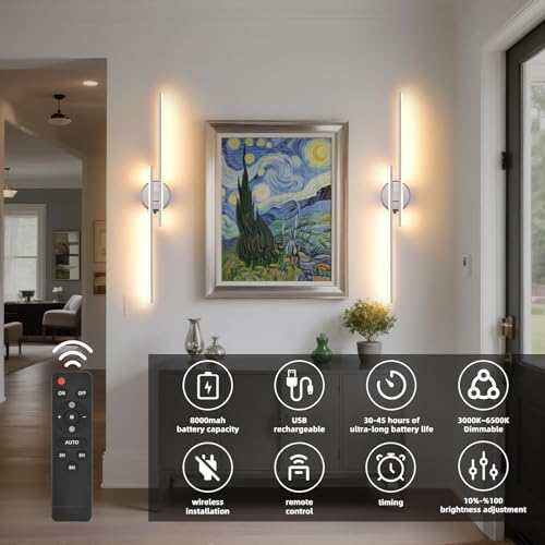 Wireless Battery Operated Wall Sconces with Remote, USB Rechargeable Led Wall Lights, 3000K-6000K Wireless wall sconces for Bedroom, Hallway, Living Room, Chrome 31.4" Wall Light Set of Two - color: Chrome, size: 31.4" 2-Pack