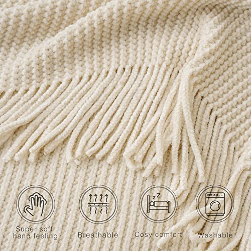 BATTILO HOME Beige Throw Blanket for Couch, 50"x60" - color: Chenille-beige, size: 50 x 60 in.