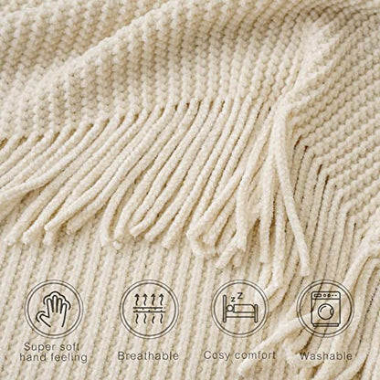 BATTILO HOME Beige Throw Blanket for Couch, 50"x60" - color: Chenille-beige, size: 50 x 60 in.