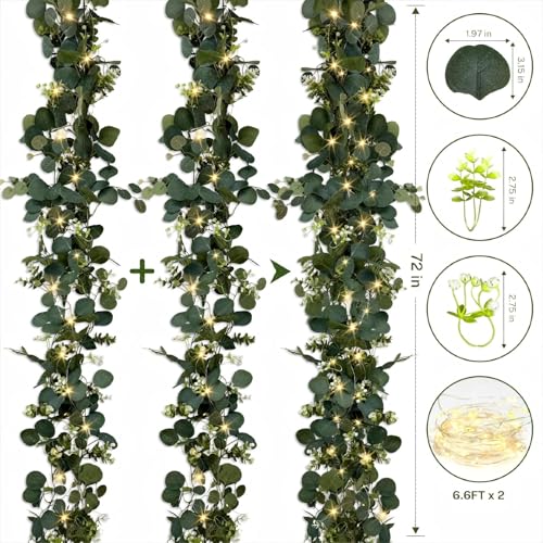 Eucalyptus Garland with Lights, 2 Packs 6FT Artificial Lighted Garland, Spring Summer Green Faux Garlands for Indoor Outdoor Home Decor Table Runner Wedding Arches Centerpieces Backdrops Decor