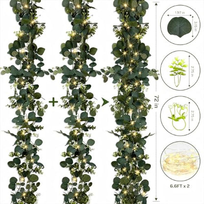 Eucalyptus Garland with Lights, 2 Packs 6FT Artificial Lighted Garland, Spring Summer Green Faux Garlands for Indoor Outdoor Home Decor Table Runner Wedding Arches Centerpieces Backdrops Decor