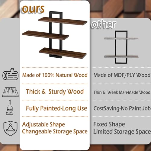 2 Pack 23 Inch Wood Floating Shelves for Wall Decor, 3 Tier Rustic Brown and Black Decorative Hanging Storage Display Wall Shelf for Bathroom Living Room Bedroom Kitchen Home Office (2, Rectangular)