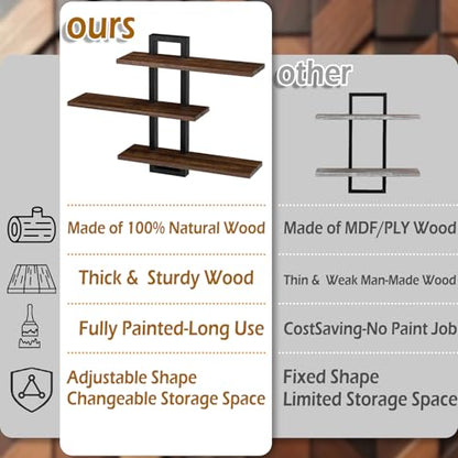 2 Pack 23 Inch Wood Floating Shelves for Wall Decor, 3 Tier Rustic Brown and Black Decorative Hanging Storage Display Wall Shelf for Bathroom Living Room Bedroom Kitchen Home Office (2, Rectangular)