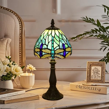 Small Tiffany Lamp 3 Color Temperature Blue Dragonfly Stained Glass Table Lamps 7X7X14 Inch Bedside Nightstand Night Light Desk Office Light for Living Room Bedroom W/LED E12 Bulb - color: Blue Dragonfly 7X7X14Inch