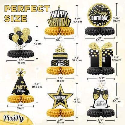 Happy Birthday Table Decoration Centerpieces - 8 Pieces, Black & Gold - Double-Sided Happy Birthday Centerpieces for Tables - Party Supplies for Elegant Birthday Decorations - by PixiPy - style: Black & Gold (Pack of 8)
